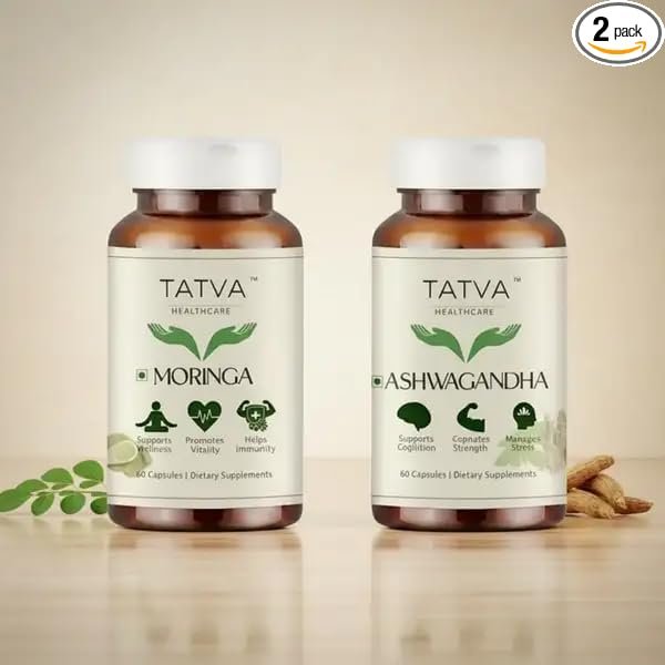 Moringa & Ashwagandha Capsules Combo | 60 Moringa + 60 Ashwagandha Vegetarian Capsules | Herbal Supplement for Daily Wellness & Nutrition | 120 Capsules