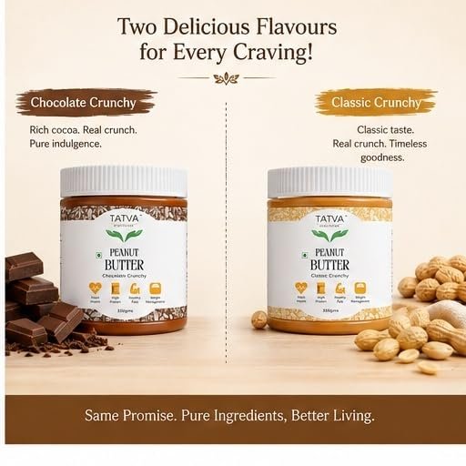Tatva Healthcare Peanut Butter Combo | Classic & Chocolate Peanut Butter | Creamy Roasted Peanut Spread | 350g Each | Pack of 2 | 700g Total | Breakfast Smoothies & Snacks - Image 3
