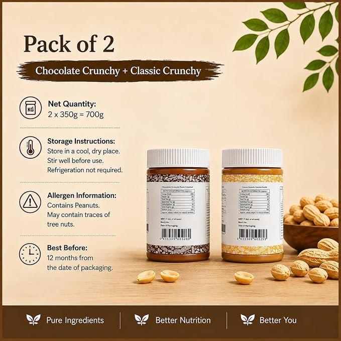 Tatva Healthcare Peanut Butter Combo | Classic & Chocolate Peanut Butter | Creamy Roasted Peanut Spread | 350g Each | Pack of 2 | 700g Total | Breakfast Smoothies & Snacks - Image 6